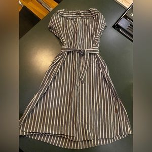 Tea Nagoya stripe dress blue and white striped with red floral detail